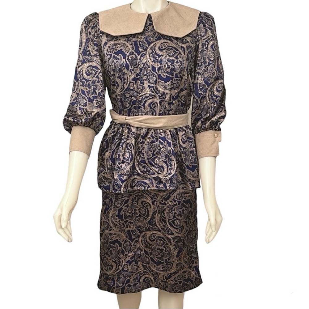 Peplum Dress Midi w/ Suede Pilgrim Collar & Belt with Funky Pattern Vintage 80s